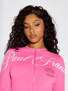 SUMWON X PAUL FRANK SUMWON WOMEN Monkey Rhinestone Zip-Up Long Sleeve High Neck Fitted Top With Cursive Script Logo Print - Hot Pink - View 4