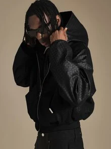 SUMWON Woven Texture Hooded Bomber Jacket With Zip Closure Ribbed Hem Oversized Fit Fall Winter Outerwear - Black - View 1