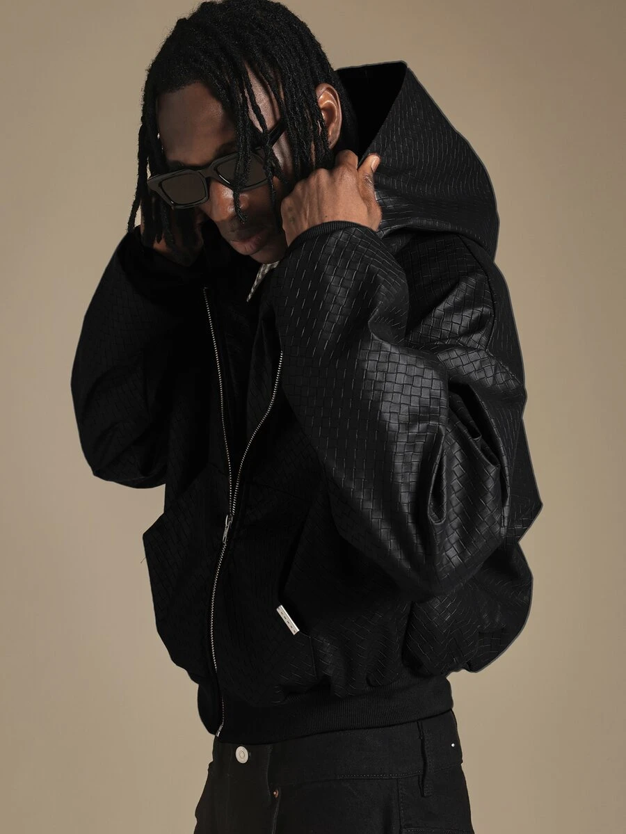 SUMWON Woven Texture Hooded Bomber Jacket With Zip Closure Ribbed Hem Oversized Fit Fall Winter Outerwear - Black - View 1
