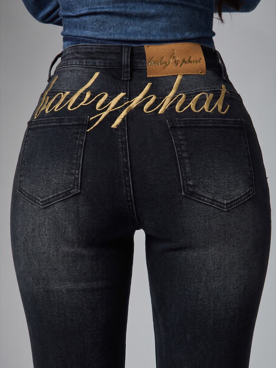 BABYPHAT Women's Street Embroidery Button Pocket Denim Jeans - Black - View 1