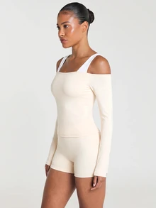 11SKNDS Cold Shoulder Long Sleeve Crop Top With Square Neckline And Twisted Hem Detail - Soft Stretch Everyday Layering Essential - Apricot - View 3
