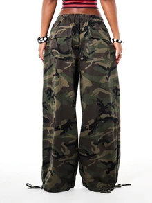 SUMWON Wide Leg Camouflage Cargo Pants With Red Abstract Graffiti Print Drawstring Waist Elastic Ankle Tie Detail Full Length - Multicolor - View 2