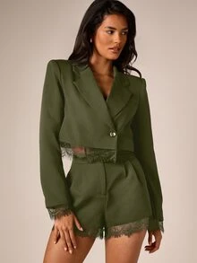 AiiRZ Cropped Blazer With Lace Trim Hem And Cuffs Single Button Notch Lapel Holiday Party Look - Army Green - View 1
