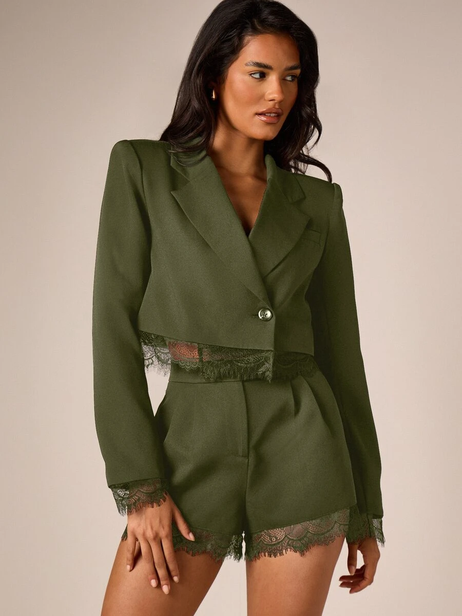 AiiRZ Cropped Blazer With Lace Trim Hem And Cuffs Single Button Notch Lapel Holiday Party Look - Army Green - View 1