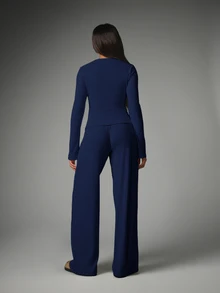 MISSGUIDED Ribbed Knit Button-Down Cardigan And Wide Leg Drawstring Trouser Co-Ord Set For Casual Everyday Autumn Winter Loungewear - Navy Blue - View 5