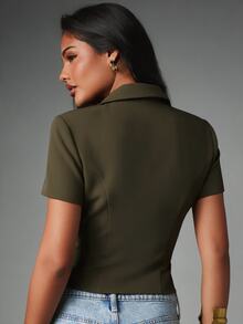 MISSGUIDED Double Breasted Short Sleeve Structured Blazer Jacket With Pointed Collar And Fitted Waist Tailored Military Style Top - Army Green - View 5