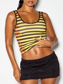 SUMWON Striped Crop Tank Top With Scoop Neck Metal Eyelet Straps And Bold Script Logo Print Summer Festival Style - Multicolor - View 2