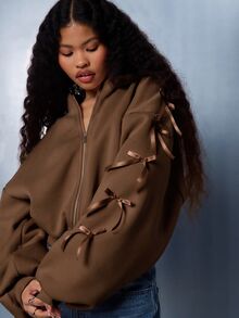 SUMWON WOMEN Winter Essentials Oversized Cropped Sweatshirt Zip-Up With Ribbon Bow Sleeve Detail And Embroidered Script Logo Back Hood Autumn Warm Cozy - Chocolate Brown - View 5