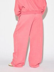 SUMWON X PAUL FRANK SUMWON WOMEN Monkey Patch Wide Leg Jogger Sweatpants With Rhinestone Side Trim Drawstring Waist Fall Winter Casual Lounge - Baby Pink - View 2