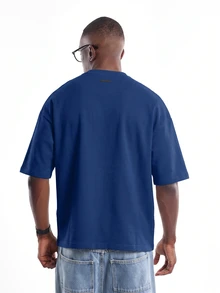SUMWON Regular Oversized Drop Shoulder Crew Neck T-Shirt With Minimal Logo Detail - Relaxed Boxy Fit Essential Tee For Summer Casual Everyday Wear - Royal Blue - View 2