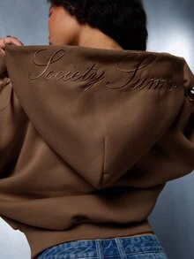 SUMWON WOMEN Winter Essentials Oversized Cropped Sweatshirt Zip-Up With Ribbon Bow Sleeve Detail And Embroidered Script Logo Back Hood Autumn Warm Cozy - Chocolate Brown - View 3
