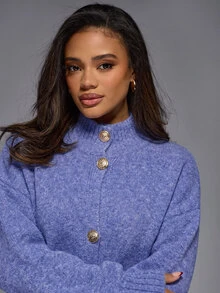MISSGUIDED Oversized Mock Neck Cardigan Sweater With Gold Coin Buttons And Patch Pockets Cozy Knit Fall Winter Style - Blue - View 3