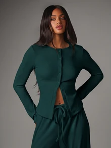MISSGUIDED Ribbed Knit Two-Piece Co-Ord Set With Button-Front Cardigan And Wide-Leg Drawstring Trousers Autumn Winter Loungewear Matching Outfit - Dark Green - View 4