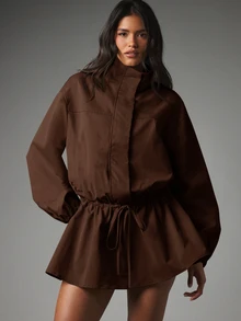 MISSGUIDED Oversized Mock Neck Mini Dress With Balloon Sleeves Drawstring Waist Elasticated Cuffs Fall Winter Occasion - Chocolate Brown - View 6