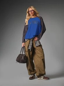MISSGUIDED New York City Graphic Raglan Long Sleeve Top Oversized Color Block Baseball Tee With Collegiate Arch Letter Print - Royal Blue - View 3