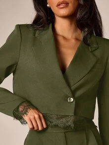 AiiRZ Cropped Blazer With Lace Trim Hem And Cuffs Single Button Notch Lapel Holiday Party Look - Army Green - View 6