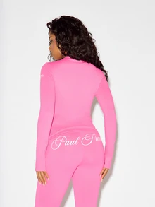 SUMWON X PAUL FRANK SUMWON WOMEN Monkey Rhinestone Zip-Up Long Sleeve High Neck Fitted Top With Cursive Script Logo Print - Hot Pink - View 2
