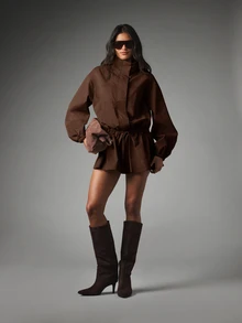 MISSGUIDED Oversized Mock Neck Mini Dress With Balloon Sleeves Drawstring Waist Elasticated Cuffs Fall Winter Occasion - Chocolate Brown - View 3