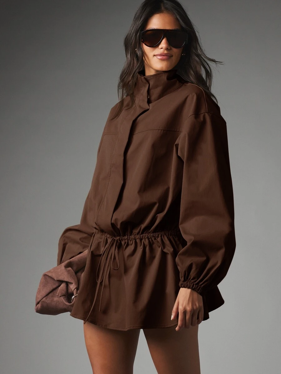 MISSGUIDED Oversized Mock Neck Mini Dress With Balloon Sleeves Drawstring Waist Elasticated Cuffs Fall Winter Occasion - Chocolate Brown - View 1