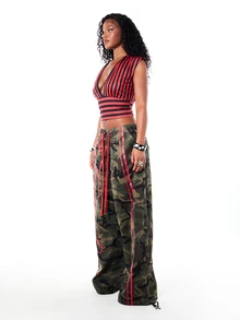 SUMWON Wide Leg Camouflage Cargo Pants With Red Abstract Graffiti Print Drawstring Waist Elastic Ankle Tie Detail Full Length - Multicolor - View 4