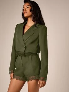 AiiRZ Cropped Blazer With Lace Trim Hem And Cuffs Single Button Notch Lapel Holiday Party Look - Army Green - View 5