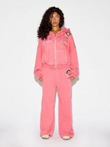 SUMWON X PAUL FRANK SUMWON WOMEN Monkey Patch Wide Leg Jogger Sweatpants With Rhinestone Side Trim Drawstring Waist Fall Winter Casual Lounge - Baby Pink - View 3