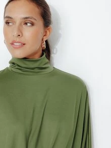 Pimkie Edition Women's Solid Color High Neck Long Sleeve Pleated Casual Fashion Dress - Army Green - View 4