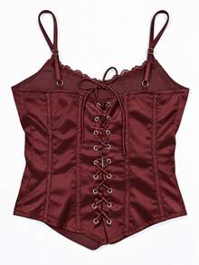 Zerodot Women Burgundy Lace Trim Cowl Neck Satin Corset Top With Tie-Up Back Party Going Out Fall Pre Fall - Burgundy - View 6