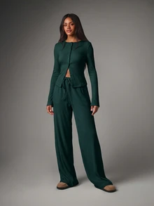 MISSGUIDED Ribbed Knit Two-Piece Co-Ord Set With Button-Front Cardigan And Wide-Leg Drawstring Trousers Autumn Winter Loungewear Matching Outfit - Dark Green - View 3