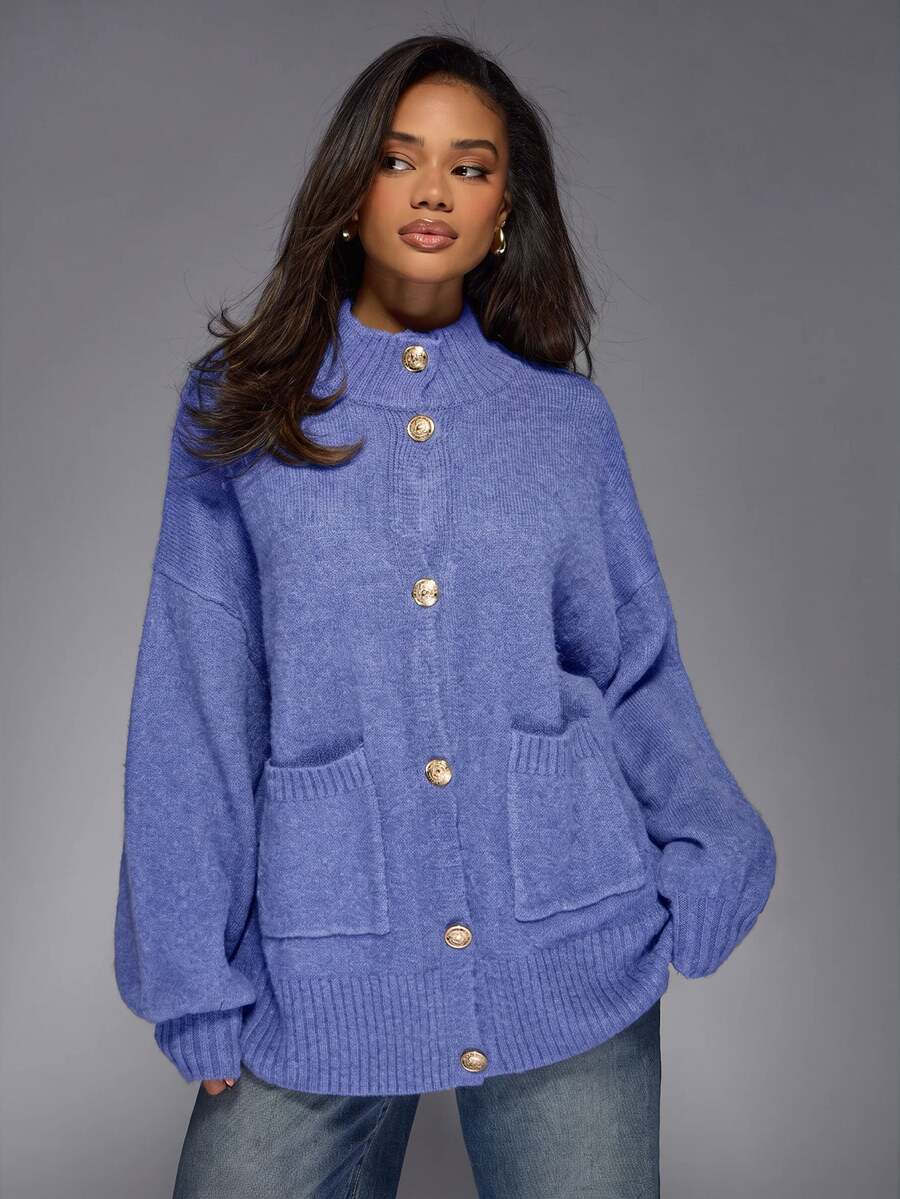 MISSGUIDED Oversized Mock Neck Cardigan Sweater With Gold Coin Buttons And Patch Pockets Cozy Knit Fall Winter Style - Blue - View 1