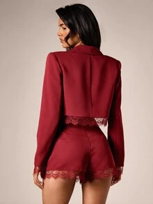 AiiRZ Cropped Blazer With Lace Trim Hem And Cuffs - Single Button Tailored Jacket With Notch Lapel And Structured Shoulders - Red - View 3