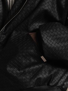 SUMWON Woven Texture Hooded Bomber Jacket With Zip Closure Ribbed Hem Oversized Fit Fall Winter Outerwear - Black - View 6