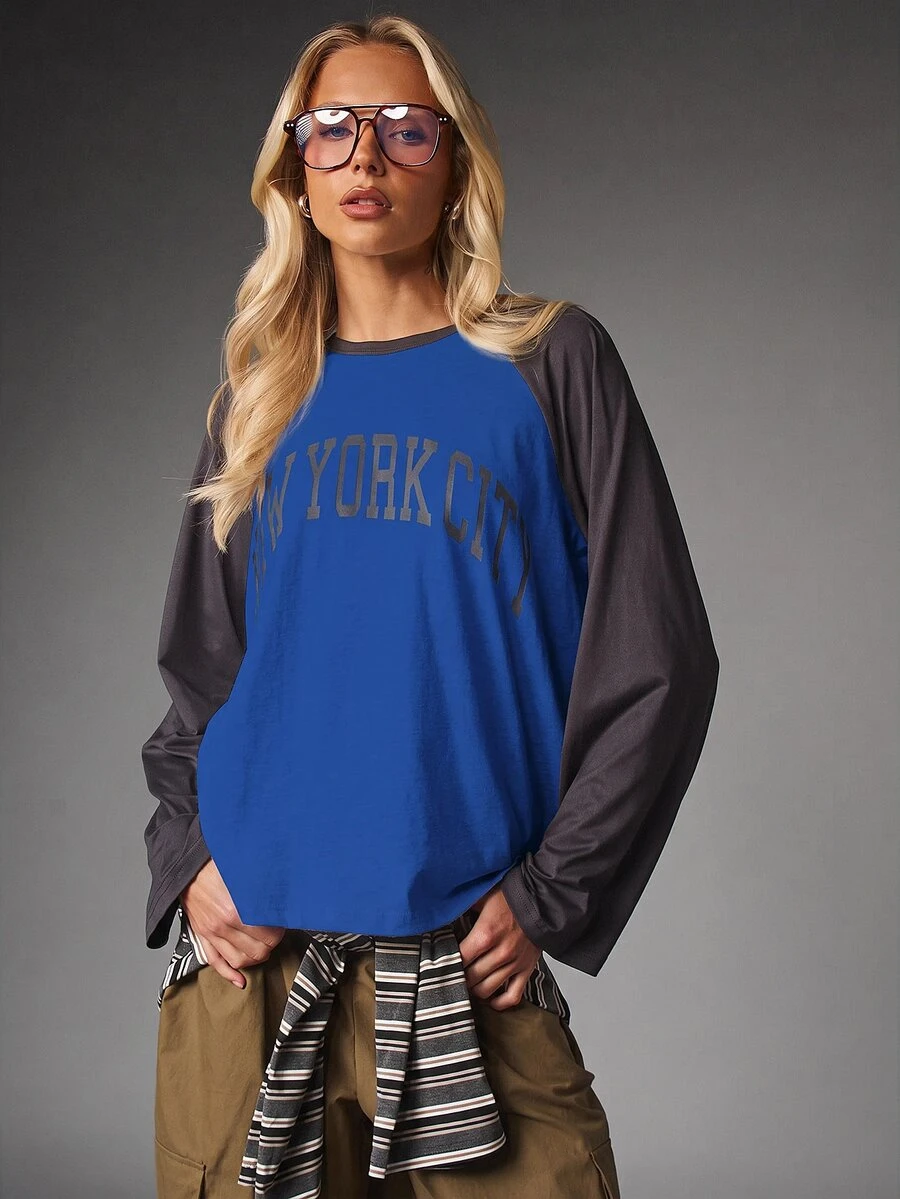 MISSGUIDED New York City Graphic Raglan Long Sleeve Top Oversized Color Block Baseball Tee With Collegiate Arch Letter Print - Royal Blue - View 1