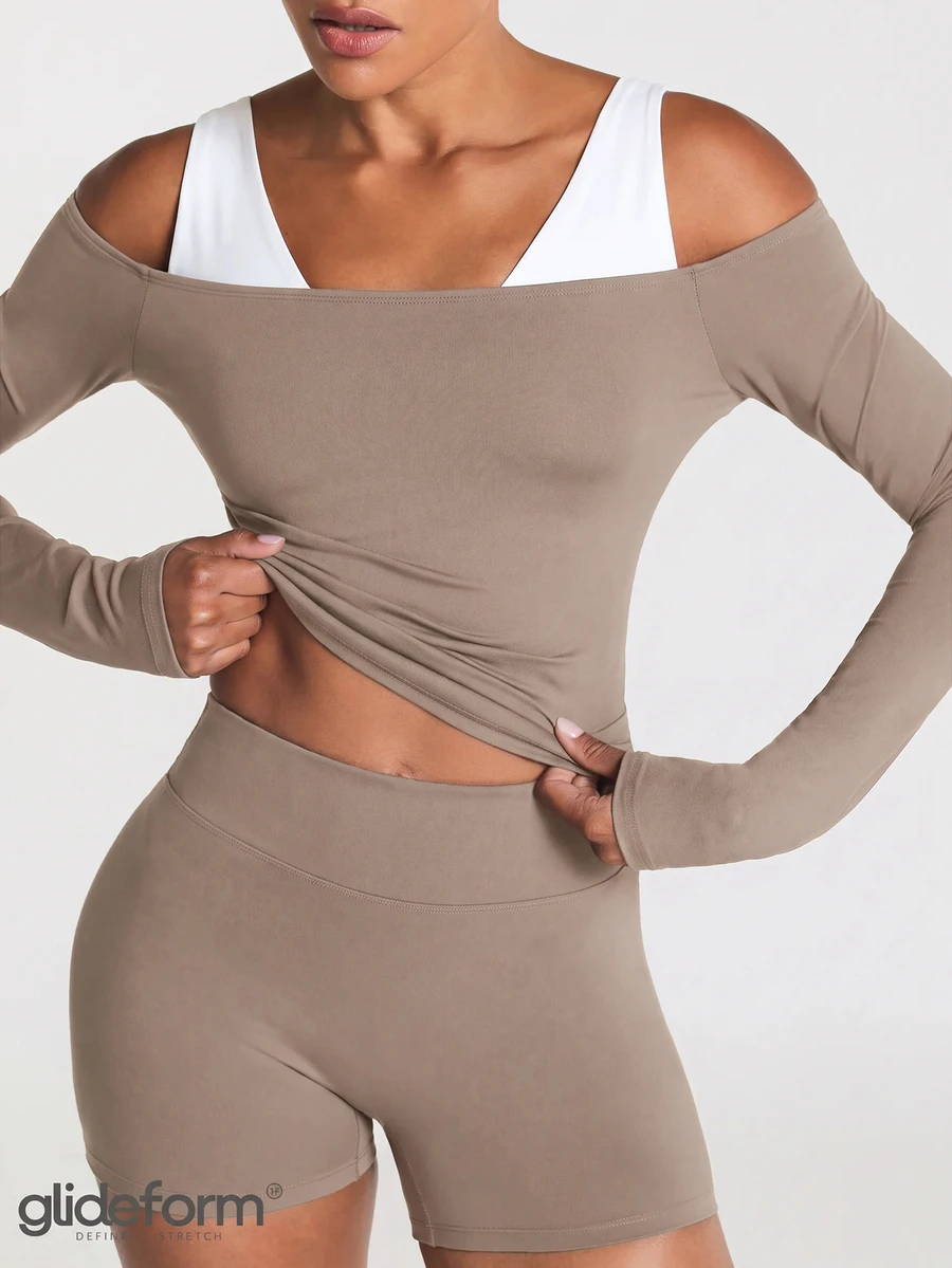 11SKNDS Cold Shoulder Long Sleeve Crop Top With Open Back And Twist Hem Detail Fitted Soft Stretch Fall Essential - Light Grey - View 1