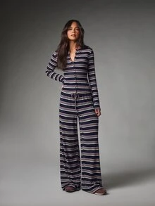 MISSGUIDED Set Atasan Lengan Panjang dan Celana Panjang Lebar dengan Tali Serut, Motif Garis-Garis Horizontal Multi Warna, Pinggang Elastis, Potongan Longgar, Model Celana Palazzo Panjang Penuh - Navy Blue - View 6
