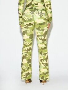 SUMWON X PAUL FRANK SUMWON WOMEN Camo Print High Rise Flared Leggings With Script Logo On Back Bum And All Over Character Print - Multicolor - View 1
