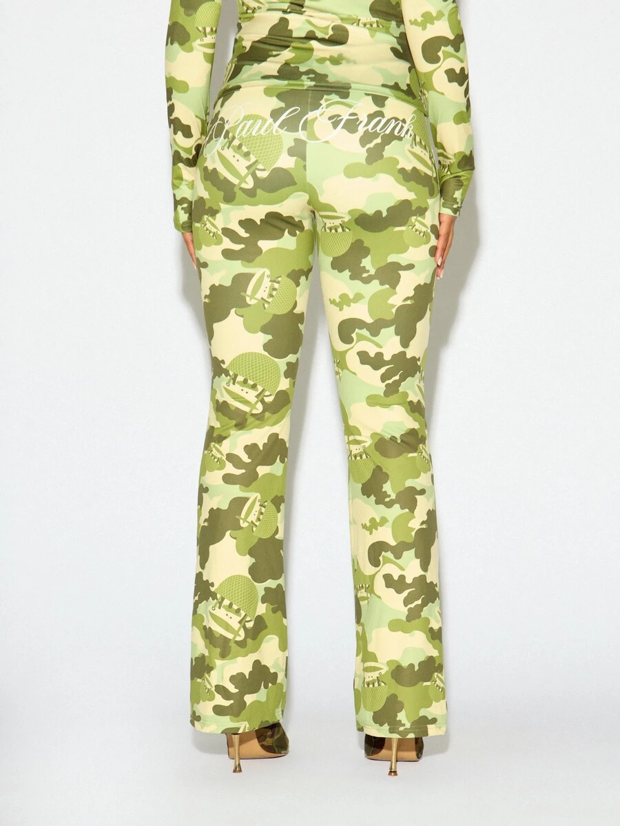 SUMWON X PAUL FRANK SUMWON WOMEN Camo Print High Rise Flared Leggings With Script Logo On Back Bum And All Over Character Print - Multicolor - View 1