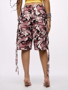 SUMWON WOMEN Camo Print Cargo Shorts With Elastic Waist Drawstring Multi Pocket Side Tie Detail Bermuda Length Holiday Style - Pink - View 2