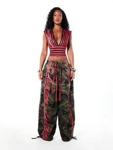 SUMWON Wide Leg Camouflage Cargo Pants With Red Abstract Graffiti Print Drawstring Waist Elastic Ankle Tie Detail Full Length - Multicolor - View 3