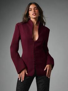 MISSGUIDED Tailored Structured Blazer Jacket With Deep V Neckline Hook And Eye Closure Corset Seaming Padded Shoulders And Fitted Silhouette - Burgundy - View 4