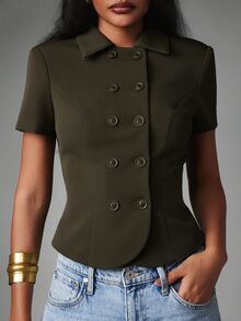 MISSGUIDED Double Breasted Short Sleeve Structured Blazer Jacket With Pointed Collar And Fitted Waist Tailored Military Style Top - Army Green - View 2