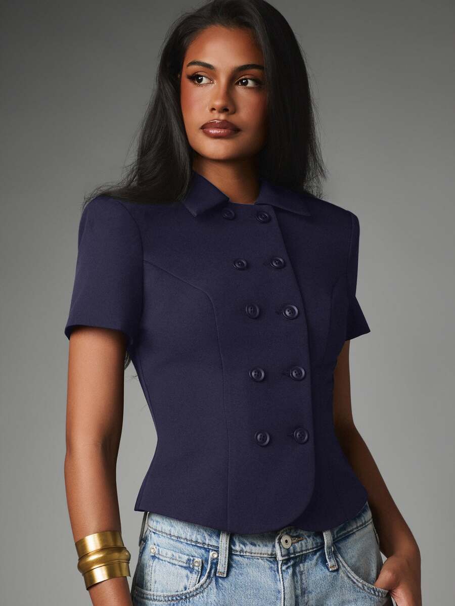 MISSGUIDED Double Breasted Short Sleeve Fitted Blazer Jacket With Point Collar And Structured Waist Seam Detail - Navy Blue - View 1