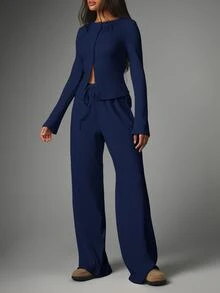 MISSGUIDED Ribbed Knit Button-Down Cardigan And Wide Leg Drawstring Trouser Co-Ord Set For Casual Everyday Autumn Winter Loungewear - Navy Blue - View 2