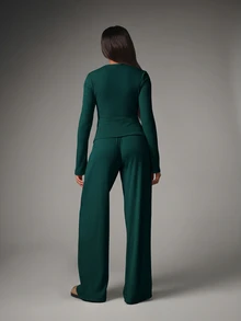 MISSGUIDED Ribbed Knit Two-Piece Co-Ord Set With Button-Front Cardigan And Wide-Leg Drawstring Trousers Autumn Winter Loungewear Matching Outfit - Dark Green - View 5