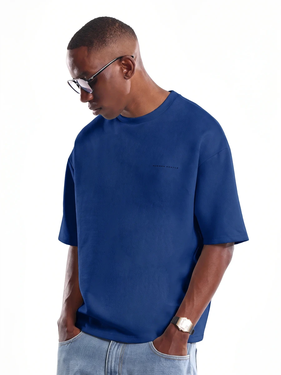 SUMWON Regular Oversized Drop Shoulder Crew Neck T-Shirt With Minimal Logo Detail - Relaxed Boxy Fit Essential Tee For Summer Casual Everyday Wear - Royal Blue - View 1