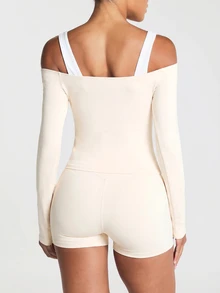 11SKNDS Cold Shoulder Long Sleeve Crop Top With Square Neckline And Twisted Hem Detail - Soft Stretch Everyday Layering Essential - Apricot - View 2
