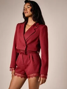 AiiRZ Cropped Blazer With Lace Trim Hem And Cuffs - Single Button Tailored Jacket With Notch Lapel And Structured Shoulders - Red - View 5