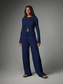 MISSGUIDED Ribbed Knit Button-Down Cardigan And Wide Leg Drawstring Trouser Co-Ord Set For Casual Everyday Autumn Winter Loungewear - Navy Blue - View 3