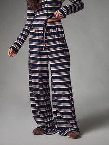 MISSGUIDED Set Atasan Lengan Panjang dan Celana Panjang Lebar dengan Tali Serut, Motif Garis-Garis Horizontal Multi Warna, Pinggang Elastis, Potongan Longgar, Model Celana Palazzo Panjang Penuh - Navy Blue - View 3