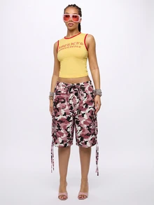 SUMWON WOMEN Camo Print Cargo Shorts With Elastic Waist Drawstring Multi Pocket Side Tie Detail Bermuda Length Holiday Style - Pink - View 3
